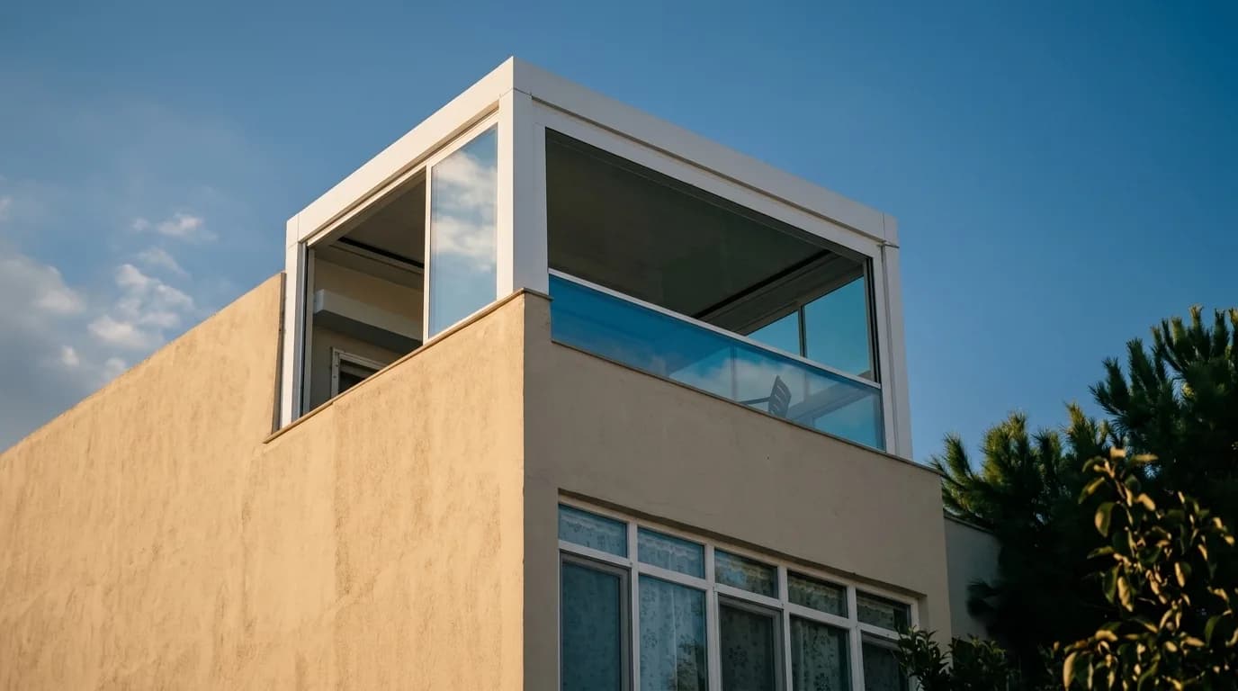 Bioclimatic pergola altında giyotin cam sistemi uygulaması
