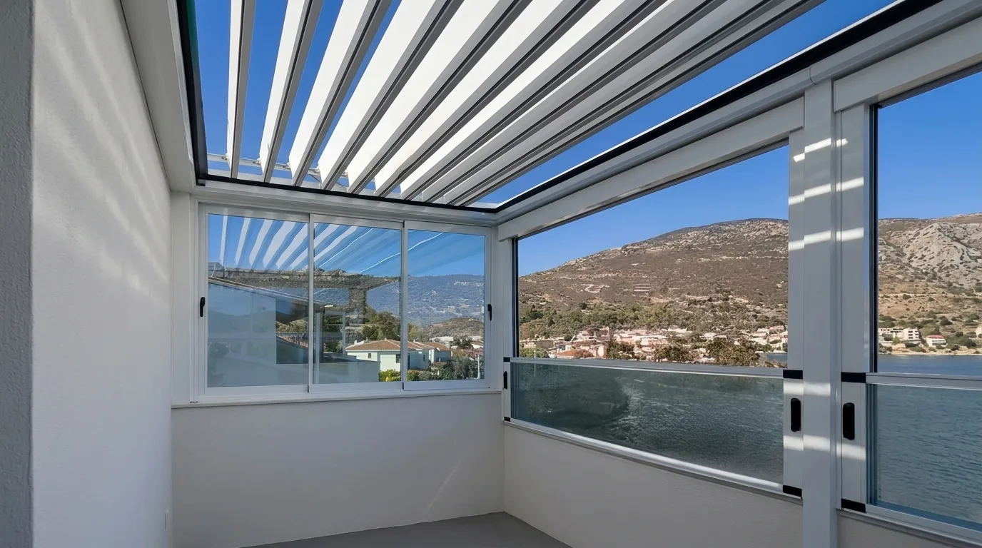 Bioclimatic pergola altında giyotin cam sistemi uygulaması, proje görünümü 8