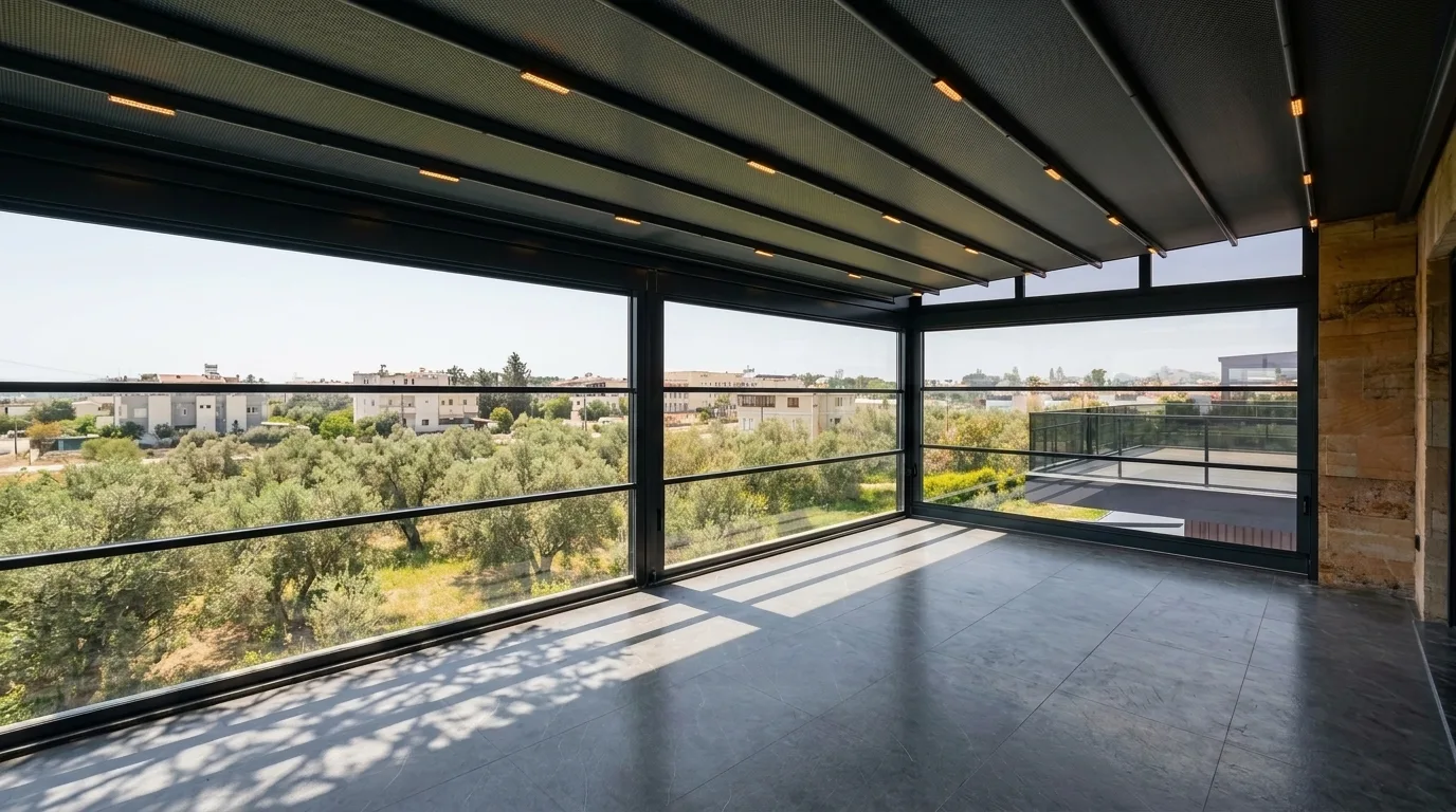 Pergola tente altında giyotin cam sistemi uygulaması, proje görünümü 3