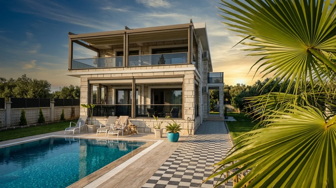 Pergola tente altında giyotin cam sistemi uygulaması, proje görünümü 4