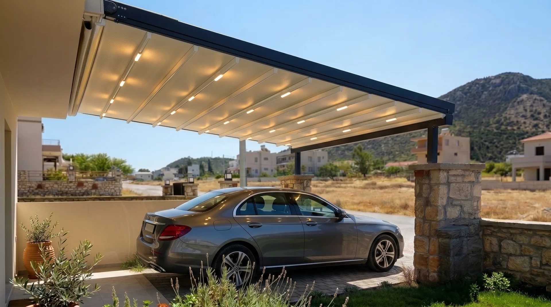 Araç park alanında pergola tente uygulaması