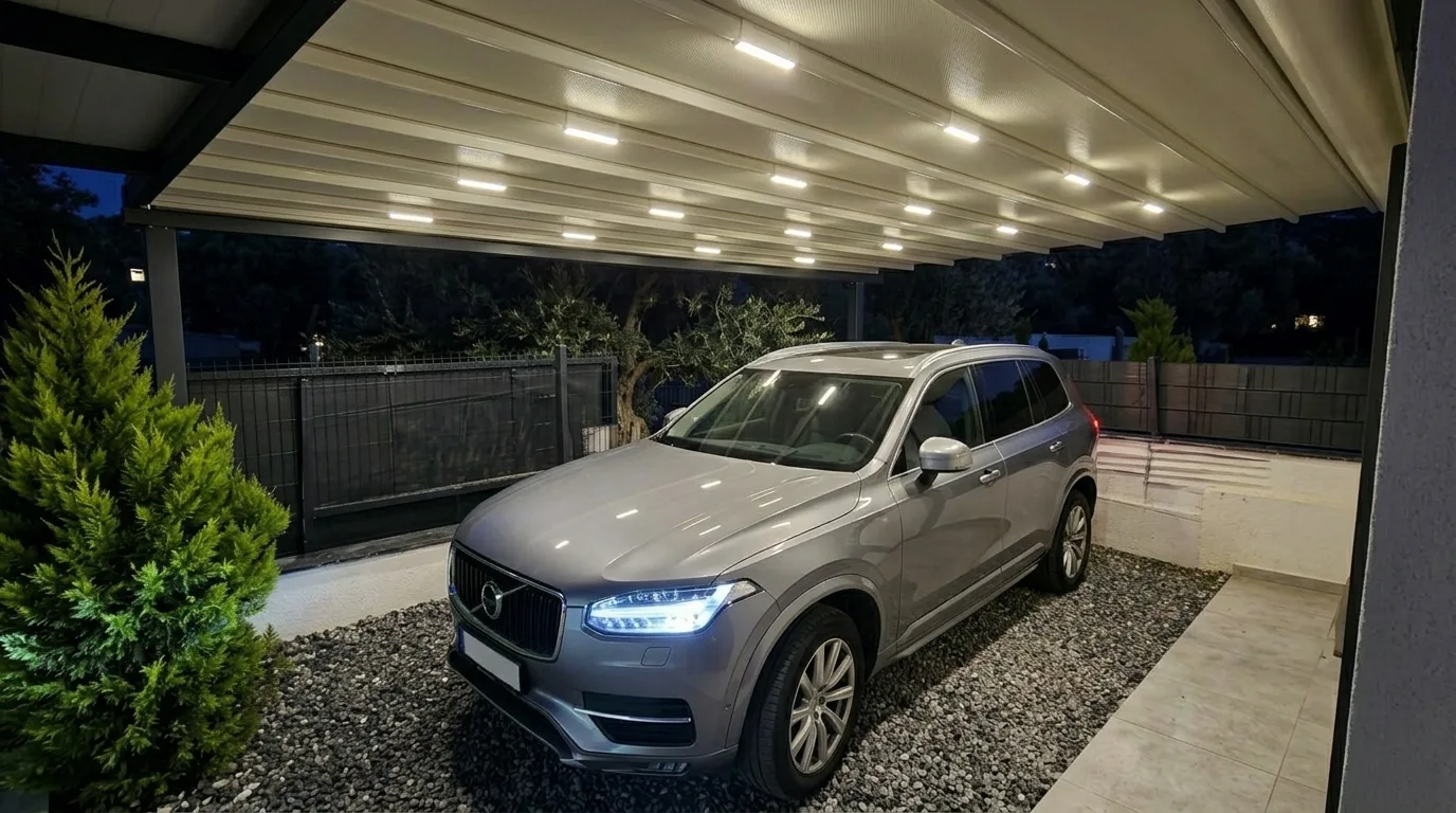Araç park alanında pergola tente uygulaması, proje görünümü 2