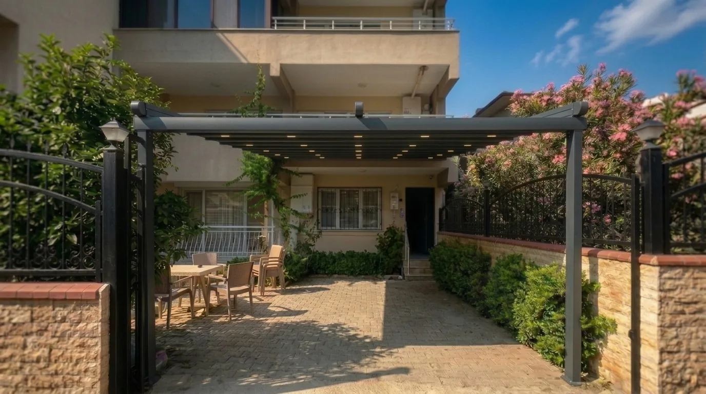 Araç park alanında pergola tente uygulaması, proje görünümü 3