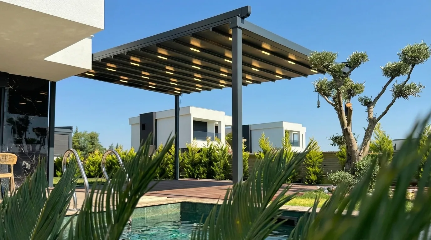 Havuz kenarında pergola tente uygulaması, proje görünümü 3