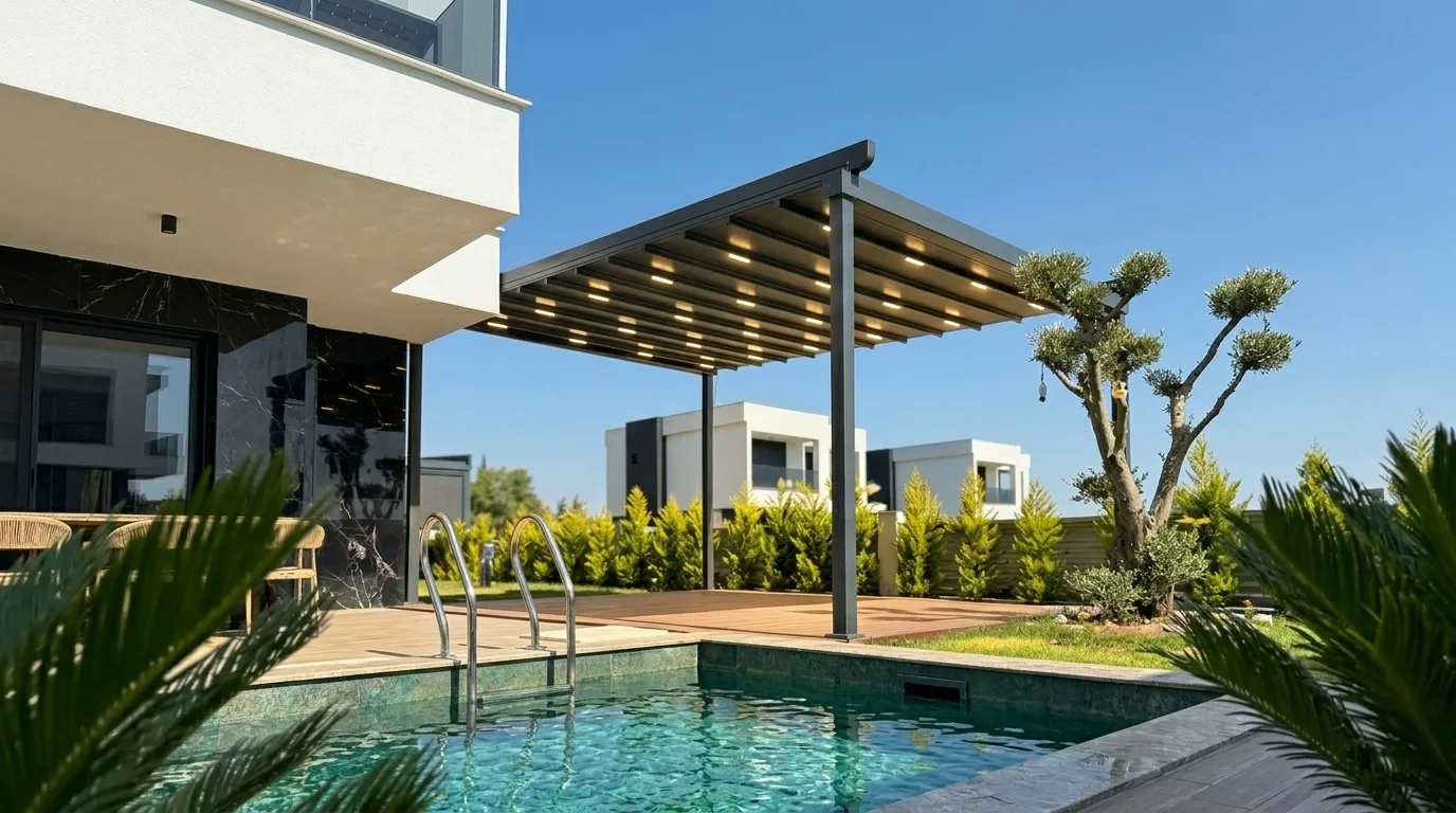 Havuz kenarında pergola tente uygulaması, proje görünümü 4