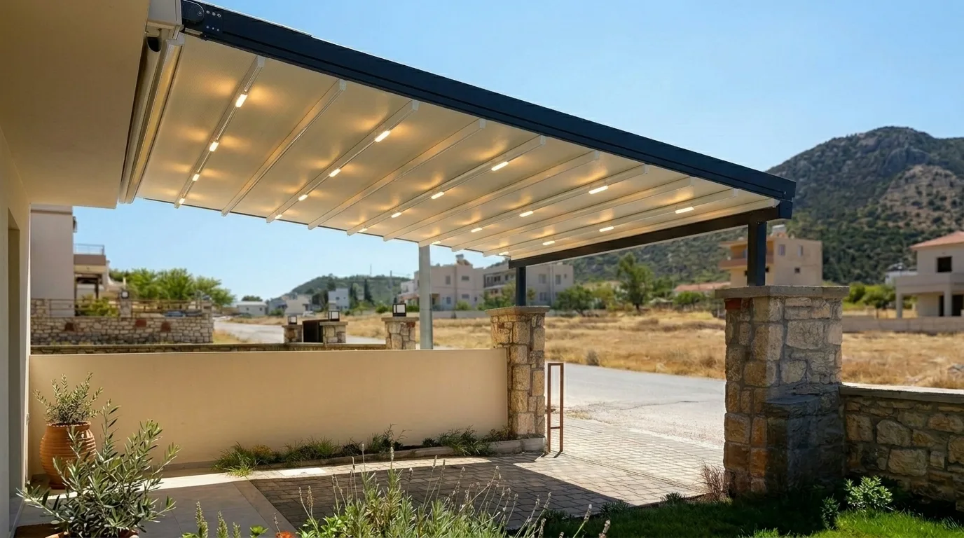 Yapı girişinde pergola tente uygulaması