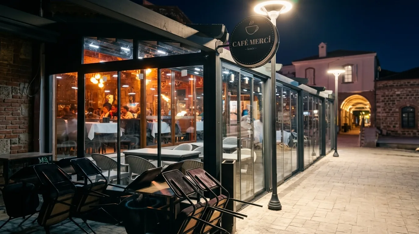 Pergola tente altında sürme cam sistemi uygulaması, proje görünümü 6