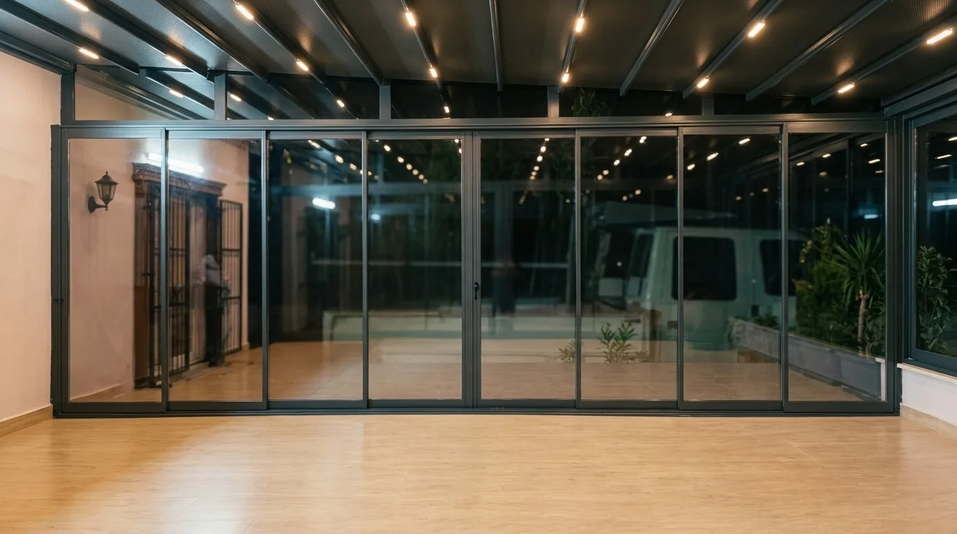 Pergola tente altında sürme cam sistemi uygulaması, proje görünümü 7