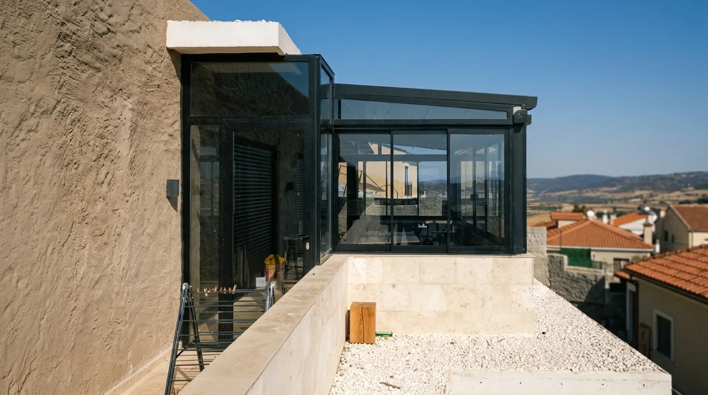 Pergola tente altında sürme cam sistemi uygulaması, proje görünümü 15