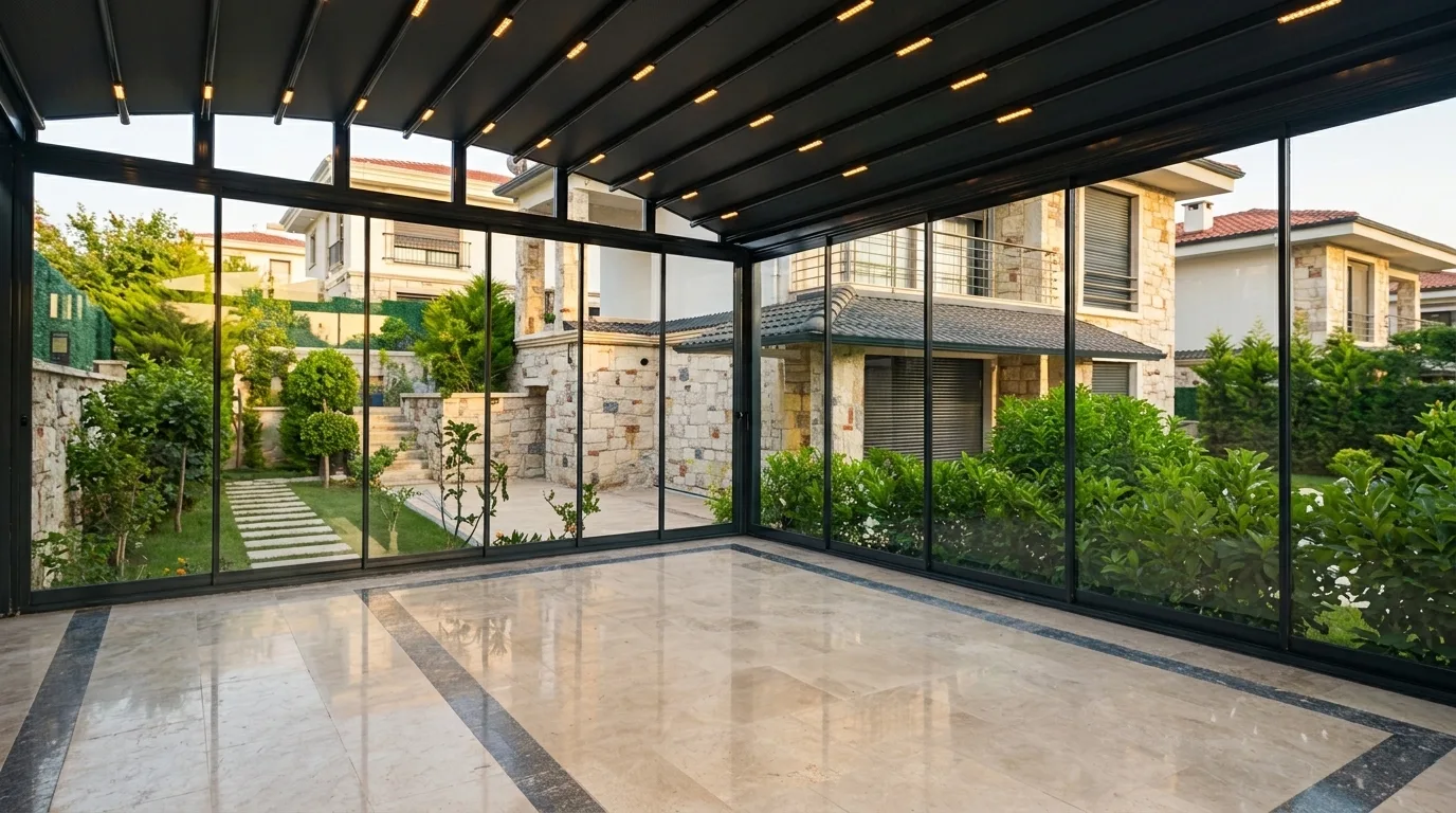 Pergola tente altında sürme cam sistemi uygulaması, proje görünümü 17