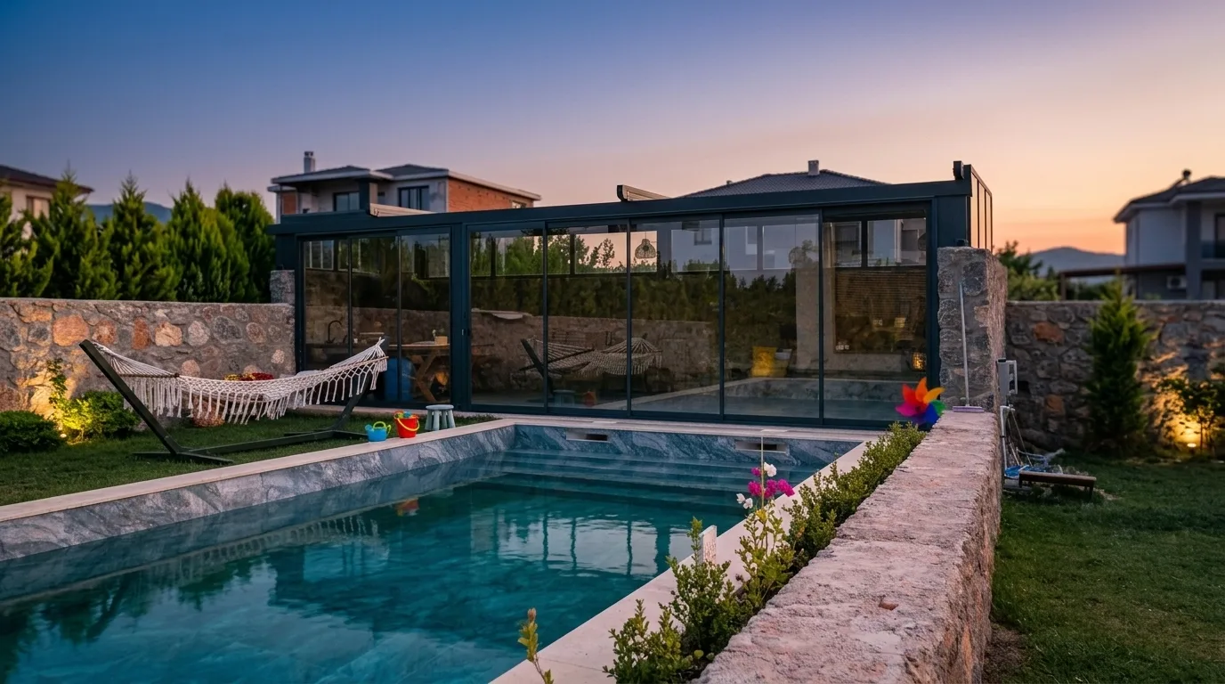 Pergola tente altında sürme cam sistemi uygulaması, proje görünümü 18