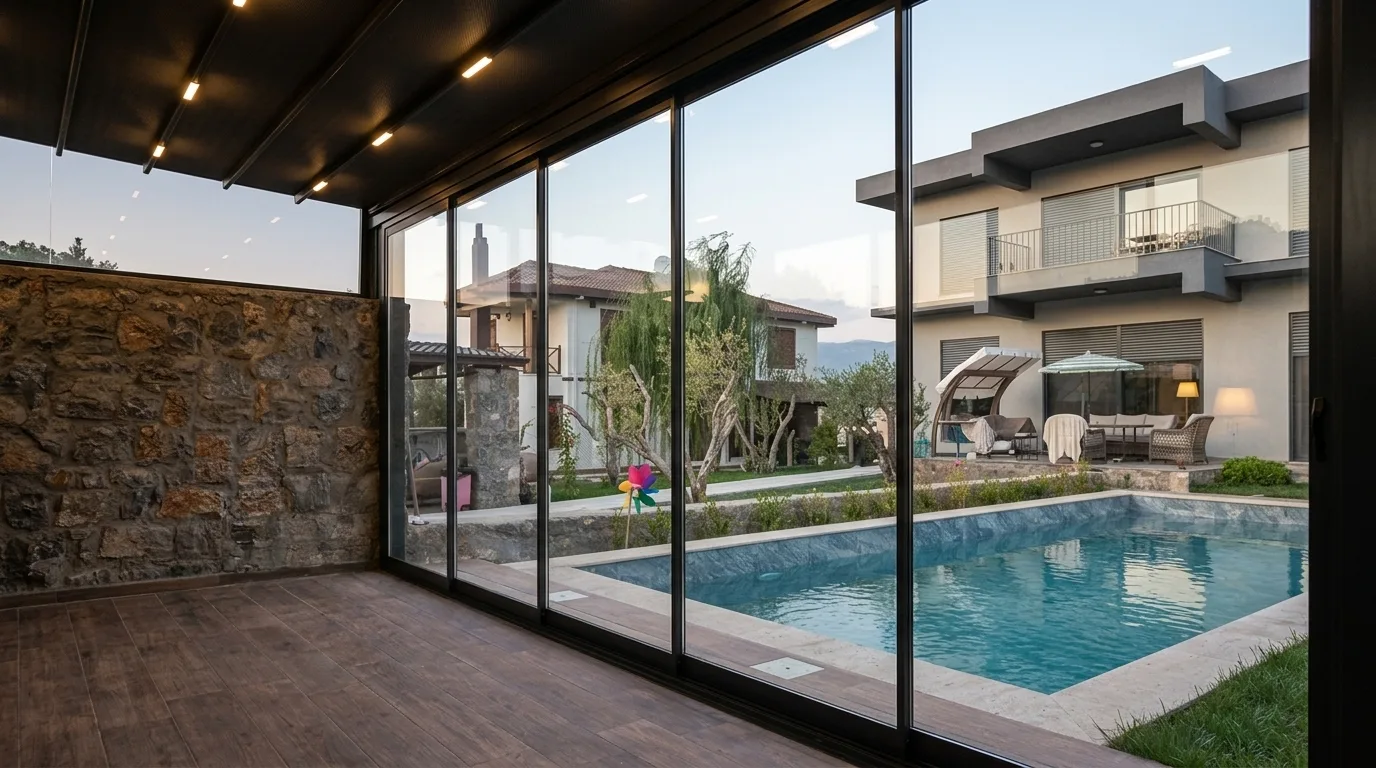 Pergola tente altında sürme cam sistemi uygulaması, proje görünümü 19